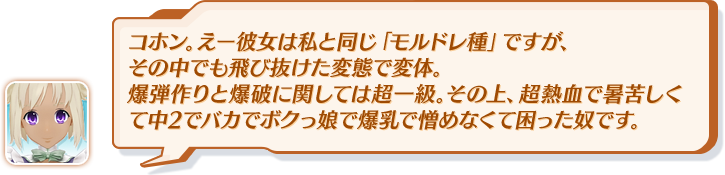 コホン。えー彼女は私と同じ「モルドレ種」ですが、その中でも飛び抜けた変態で変体。爆弾作りと爆破に関しては超一級。その上、超熱血で暑苦しくて中2でバカでボクっ娘で爆乳で憎めなくて困った奴です。