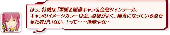 ほぅ。特徴は「軍服＆眼帯キャラ＆金髪ツインテール。キャラのイメージカラーは金。姿勢がよく、猫背になっている姿を見た者がいない。」って……地味やな…
