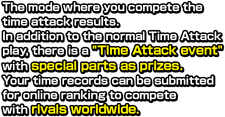 The mode where you compete the time attack results.  In addition to the normal Time Attack play, there is a 'Time Attack event' with special parts as prizes.  Your time records can be submitted for online ranking to compete with rivals worldwide.