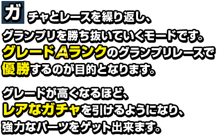 ガチャとレースを繰り返し、グランプリを勝ち抜いていくモードです。グレードAランクのグランプリレースで優勝するのが目的となります。グレードが高くなるほど、レアなガチャを引けるようになり、強力なパーツを引く事が出来ます。