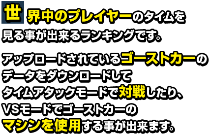 世界中のプレイヤーのタイムを見る事が出来るランキングす。アップロードさているゴーストカーのデータをダウンロードしてタイムアタックモードで対戦や、VSモードでゴーストカーのマシンを使用する事が出来ます。
