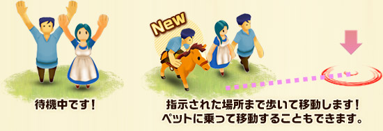 待機中です！ 指示された場所まで歩いて移動します！ペットに乗って移動することもできます。