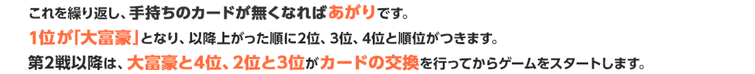 これを繰り返し、手持ちのカードが無くなればあがりです。1位が「大富豪」となり、以降上がった順に2位、3位、4位と順位がつきます。第2戦以降は、大富豪と4位、2位と3位がカードの交換を行ってからゲームをスタートします。