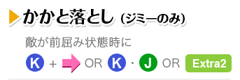 かかと落とし（ジミーのみ） 敵が前屈み状態時にK＋→ OR K・J OR Extra2