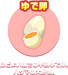 ゆで卵　ほどよい固さの半熟ゆで卵。ハザマの大好物。