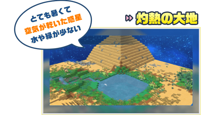灼熱の大地 とても暑くて空気が乾いた惑星　水や緑が少ない
