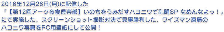 2016年12月26日(月)に配信した 『【第12回アーク夜食倶楽部】いのちをうみだすハコニワで乱闘SP なめんなよっ！』にて実施した、スクリーンショット対決で見事勝利した、ワイズマン遠藤のハコニワ写真をPC用壁紙にして公開！