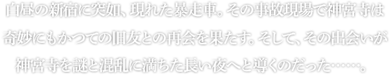 白昼の新宿に突如、現れた暴走車。その事故現場で神宮寺は奇妙にもかつての旧友との再会を果たす。そして、その出会いが神宮寺を謎と混乱に満ちた長い夜へと導くのだった……。