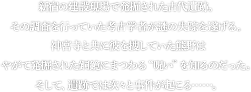 新宿の建設現場で発掘された古代遺跡。その調査を行っていた考古学者が謎の失踪を遂げる。神宮寺と共に彼を捜していた熊野はやがて発掘された銅鏡にまつわる“呪い”を知るのだった。そして、遺跡では次々と事件が起こる……。