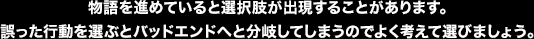 物語を進めていると選択肢が出現することがあります。誤った行動を選ぶとバッドエンドへと分岐してしまうのでよく考えて選びましょう。