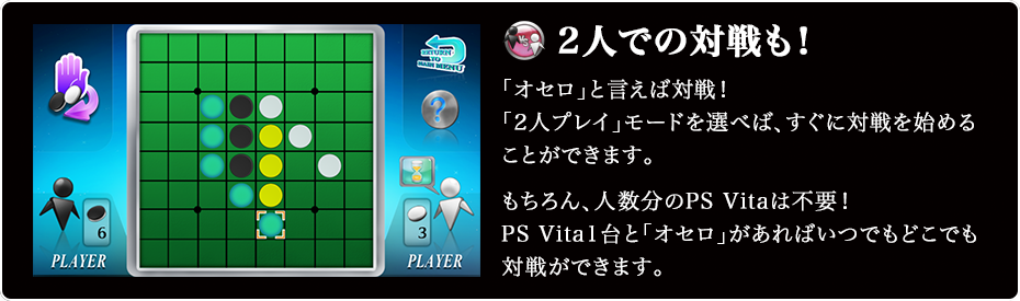 2人での対戦も！ 「オセロ」と言えば対戦！ 「2人プレイ」モードを選べば、すぐに対戦を始めることができます。 もちろん、人数分のPS Vitaは不要！ PS Vita1台と「オセロ」があれば いつでもどこでも対戦ができます。