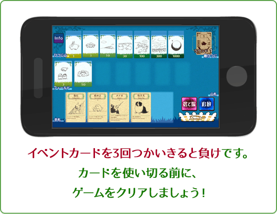 イベントカードを3回つかいきると負けです。カードを使い切る前に、ゲームをクリアしましょう！