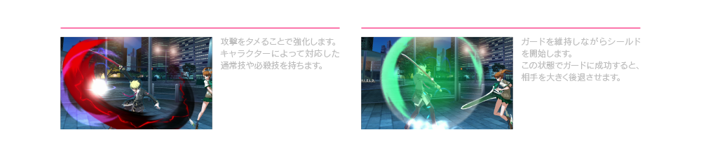 インクリース 特定の技を出す時にAorBorCを押し続ける 攻撃をタメることで強化します。キャラクターによって対応した通常技や必殺技を持ちます。  ガードシールド ガード中+D ガードを維持しながらシールドを開始します。この状態でガードに成功すると、相手を大きく後退させます。