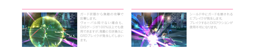 ガードスラスト ヴォーパル時にガード中↓↙←+D ガード状態から無敵の攻撃で反撃します。ヴォーパル時でない場合も、EXSゲージが100％以上でも使用できますが、発動と引き換えにGRDブレイクが発生してしまいます。  GRDブレイク シールド中にガードを崩されるとブレイクが発生します。ブレイクするとEXSアクションが使用不可になります。