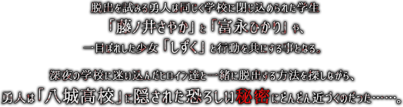 脱出を試みる勇人は同じく学校に閉じ込められた学生「藤ノ井さやか」と「富永ひかり」や、一目ぼれした少女「しずく」と行動を共にする事となる。深夜の学校に迷い込んだヒロイン達と一緒に脱出する方法を探しながら、勇人は「八城高校」に隠された恐ろしい秘密にどんどん近づくのだった……。